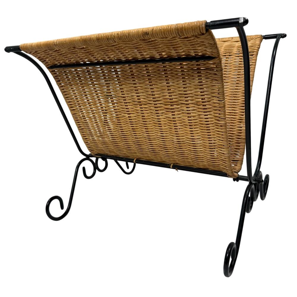 Retro Wicker & Metal Magazine Basket Holder Stand Mid Century Style